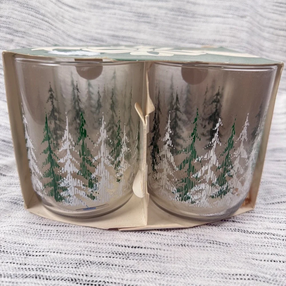 Vintage Libbey Frosty Pine Tree Christmas‎ Tree Glasses Tumblers Set of 4 w/Box